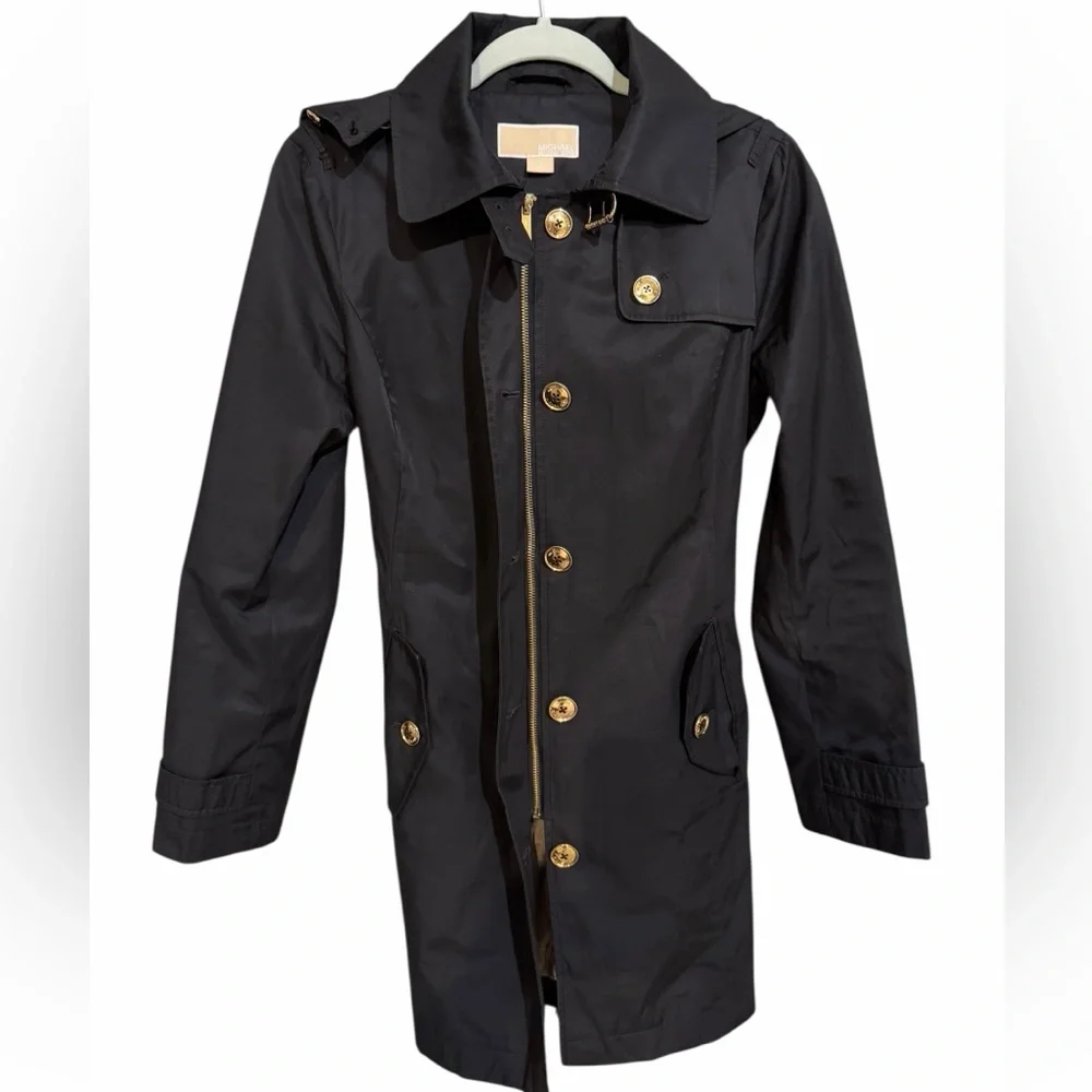 Michael Kors Black Waterproof Trench Coat with Gold Accents - Picture 2 of 7